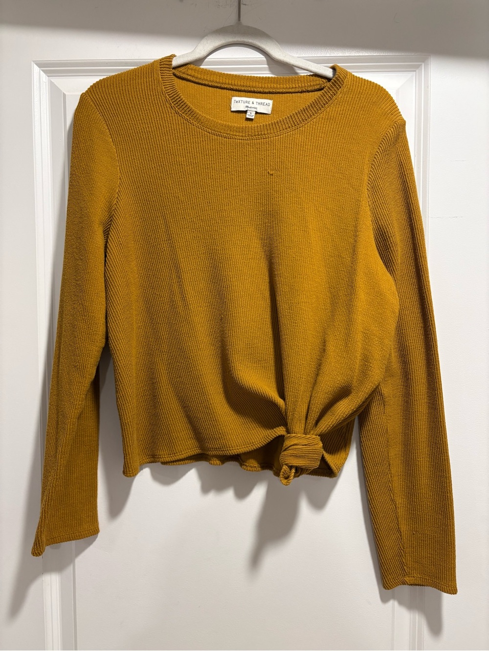 Madewell Mustard Ribbed Long Sleeve Tie-Front Top